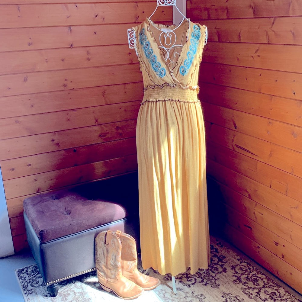MYSTREE dress, yellow with white polka dots, beautiful blue embroidery.